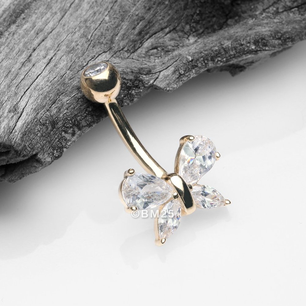 14 Karat Gold Marquise Sparkle Butterfly Belly Button Ring - Clear Gem
